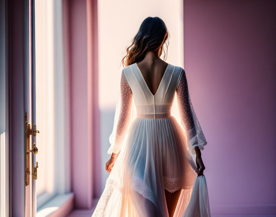 Woman in elegant dress by window in soft pink light