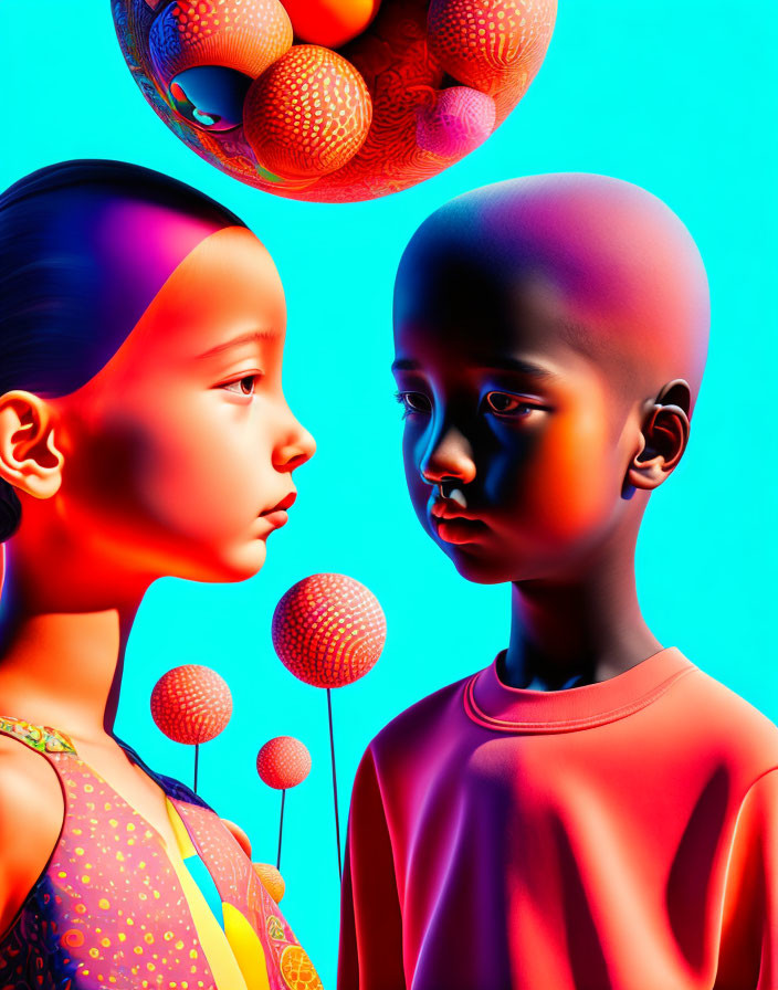 Vibrantly colored digital children in surreal setting