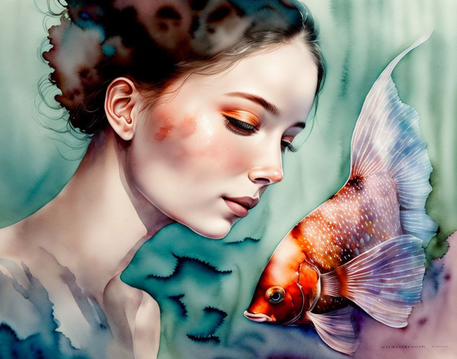 Surreal illustration of serene woman with goldfish in aquatic setting