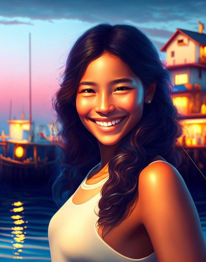 Smiling woman with wavy hair by coastal sunset scene