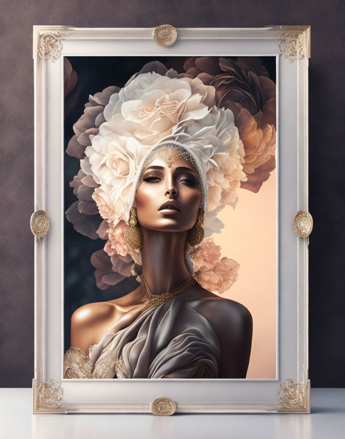 Stylized makeup and headdress on woman in ornate white and gold frame