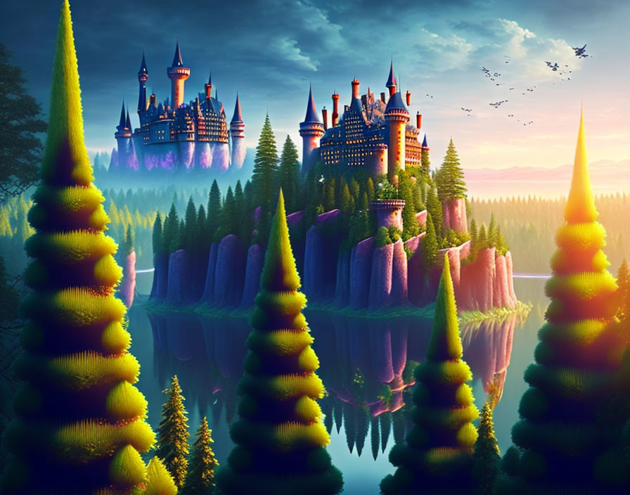 Majestic castle on colorful cliffs by tranquil lake