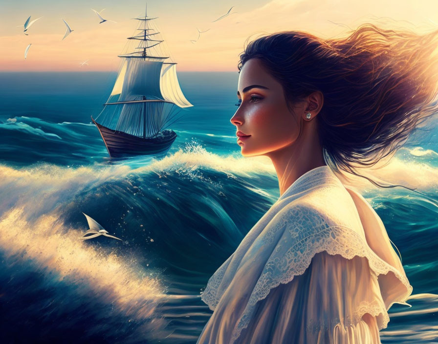 Woman with flowing hair gazes at ship and seagulls in sunset.