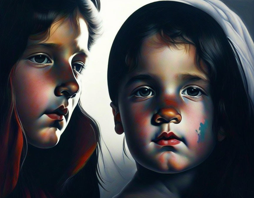 Children with solemn expressions in dramatic light and shadow painting