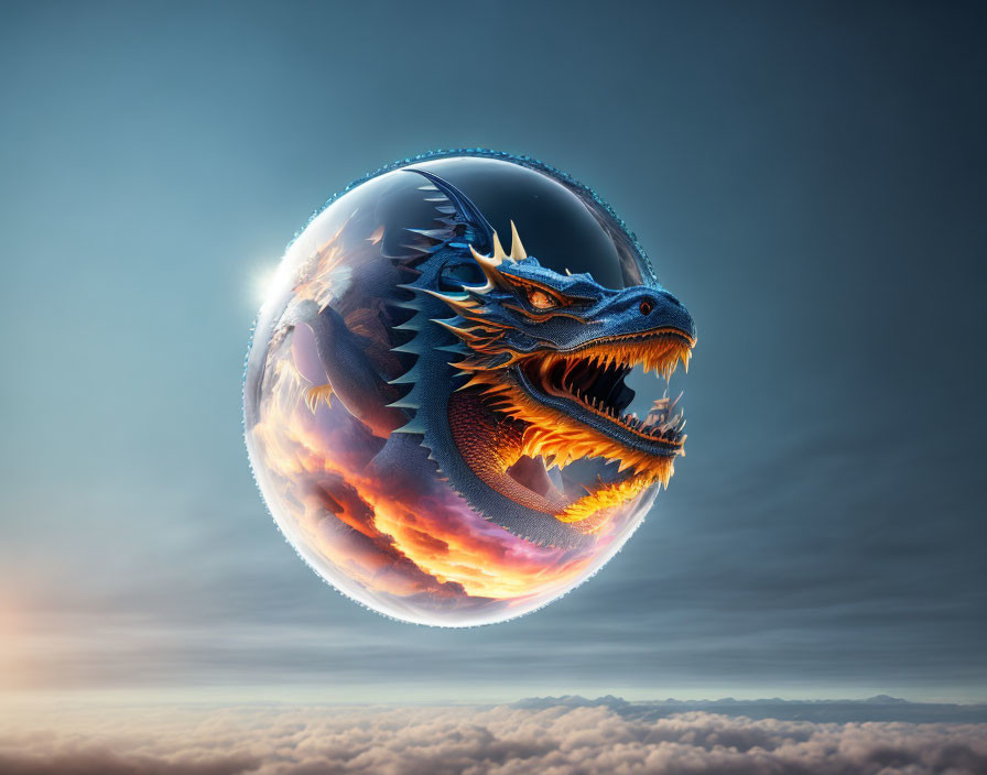 Fiery dragon in transparent sphere above clouds