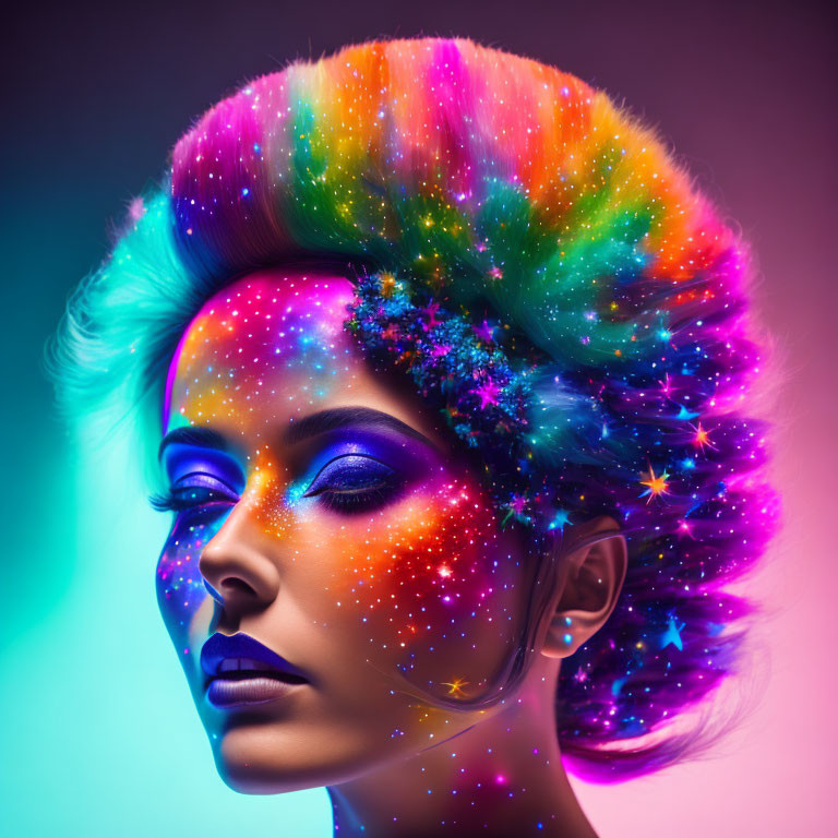 Vibrant surreal portrait of woman with cosmic makeup and sparkling hair