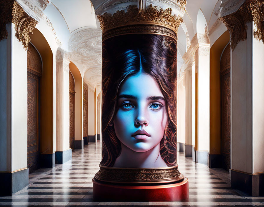 Photorealistic painting of a girl's face on classical column in opulent hallway