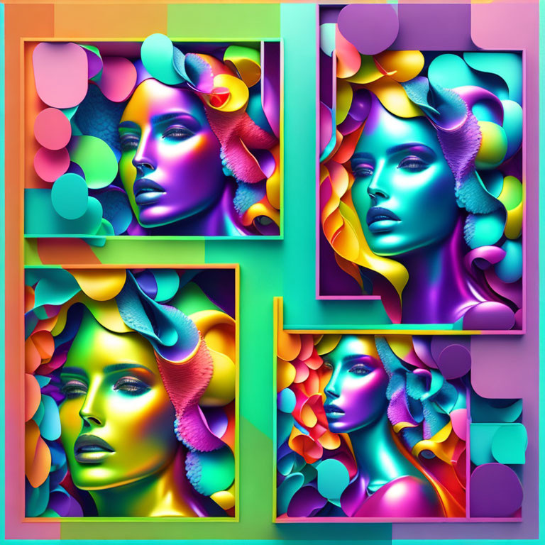 Colorful digital artwork: Four stylized female portraits with surreal hair and skin tones in geometric frame