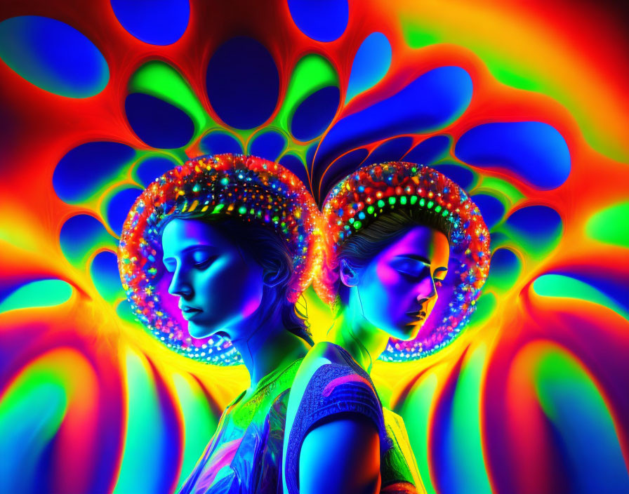 Vividly colored psychedelic halos on two women amid neon abstract patterns