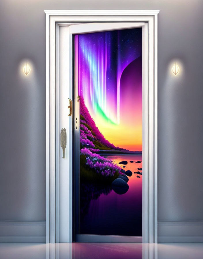 Surreal image: Open door to vibrant night sky, Northern Lights, serene lake.