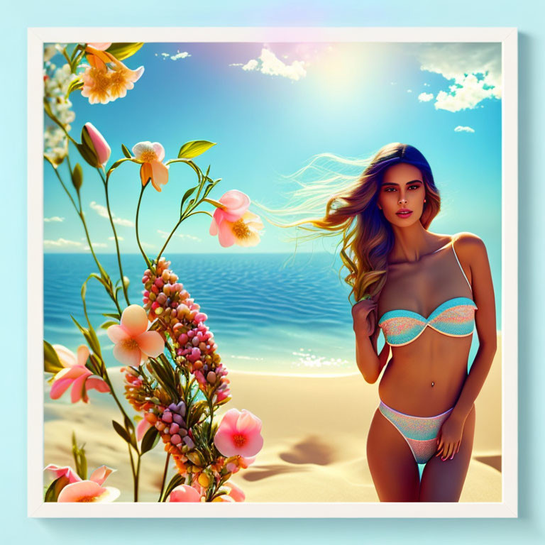 Woman in bikini on sunny beach with vibrant flowers and flowing hair