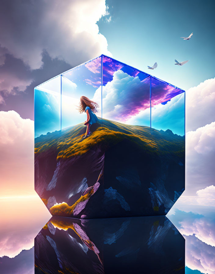 Woman with flowing hair in surreal cube reflects vibrant cloudscape above serene waters.