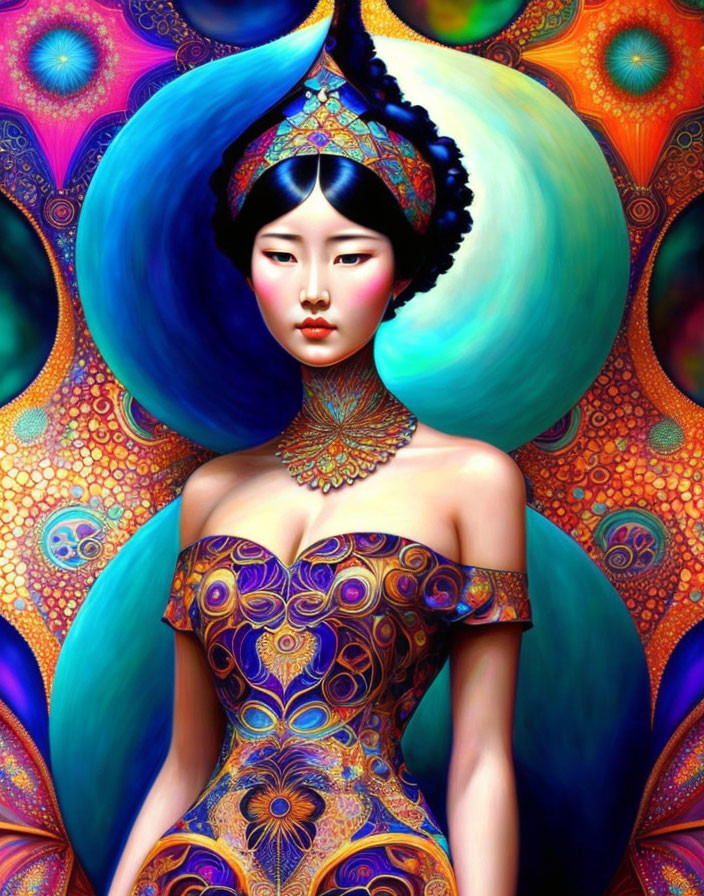 Colorful digital artwork featuring a woman in a blue headdress with peacock feather patterns and golden jewelry