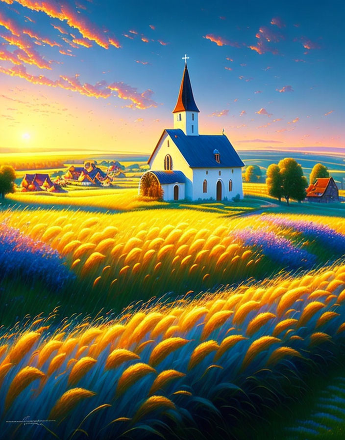 Idyllic painting of white church in golden wheat fields