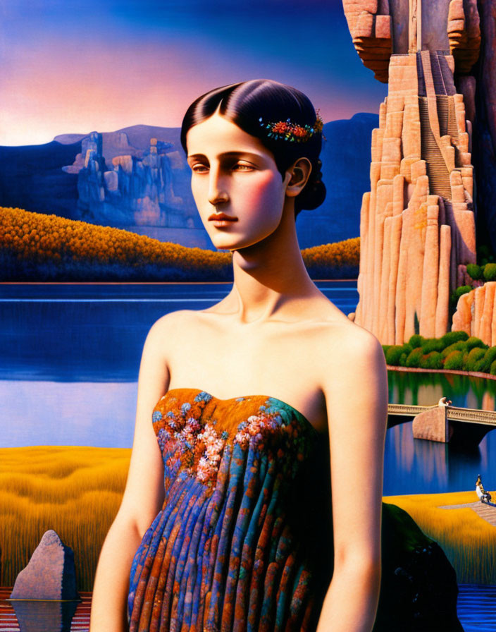 Surreal portrait of a serene woman in vivid landscape