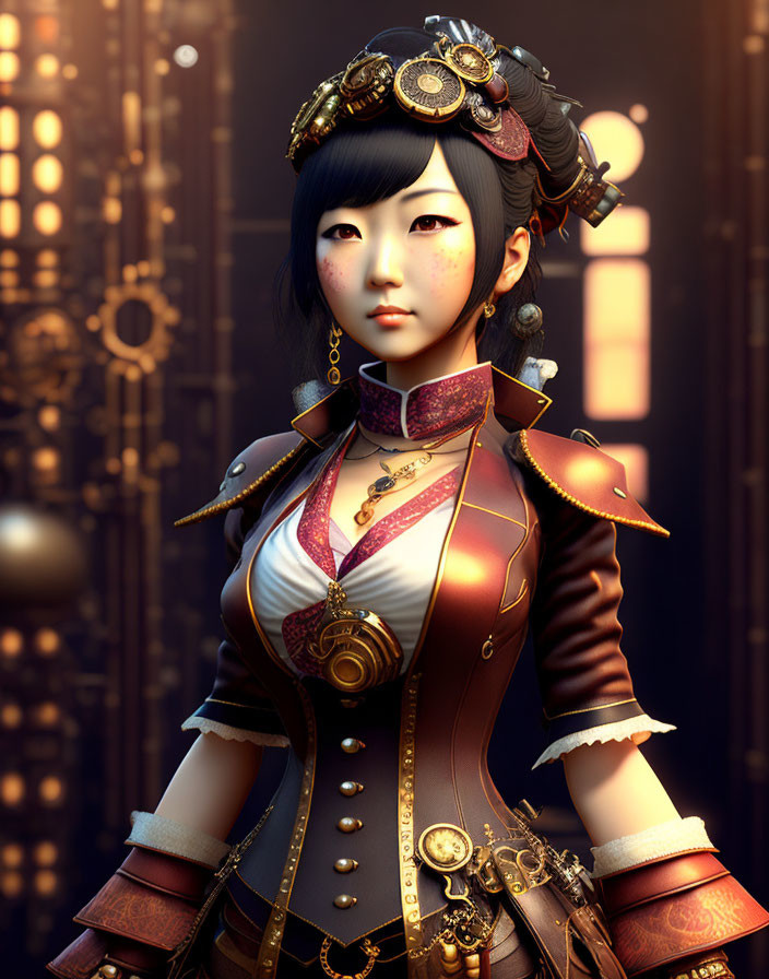 Digital artwork: Asian woman in steampunk attire with golden cogwheel accessories