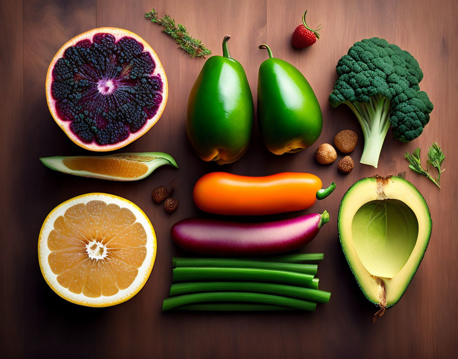 Colorful Fresh Fruits and Vegetables on Wooden Surface