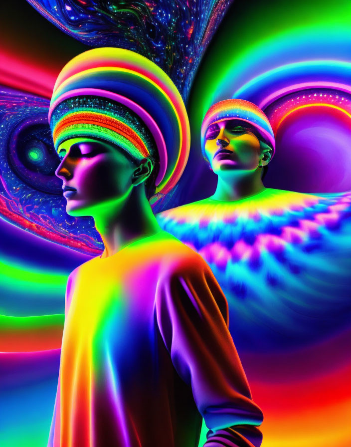 Colorful Mannequin Figures with Fractal Background