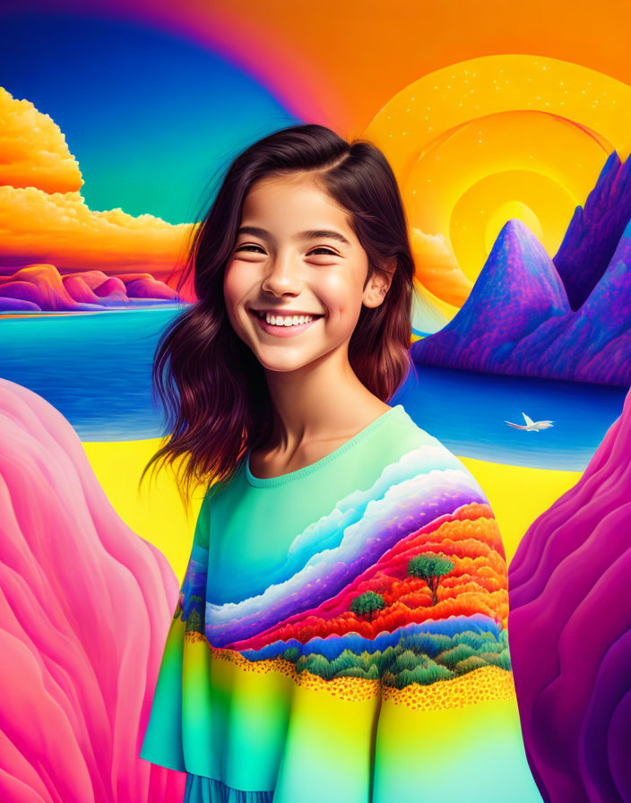 Smiling girl in colorful landscape with vibrant sky and whimsical nature features