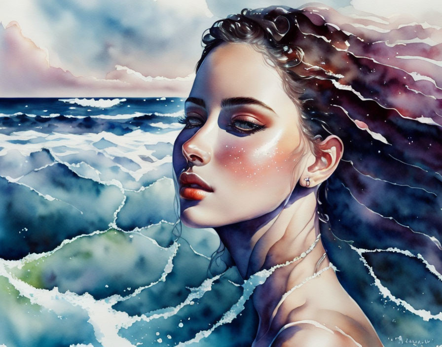 Portrait of serene woman against ocean waves with vibrant blue tones.