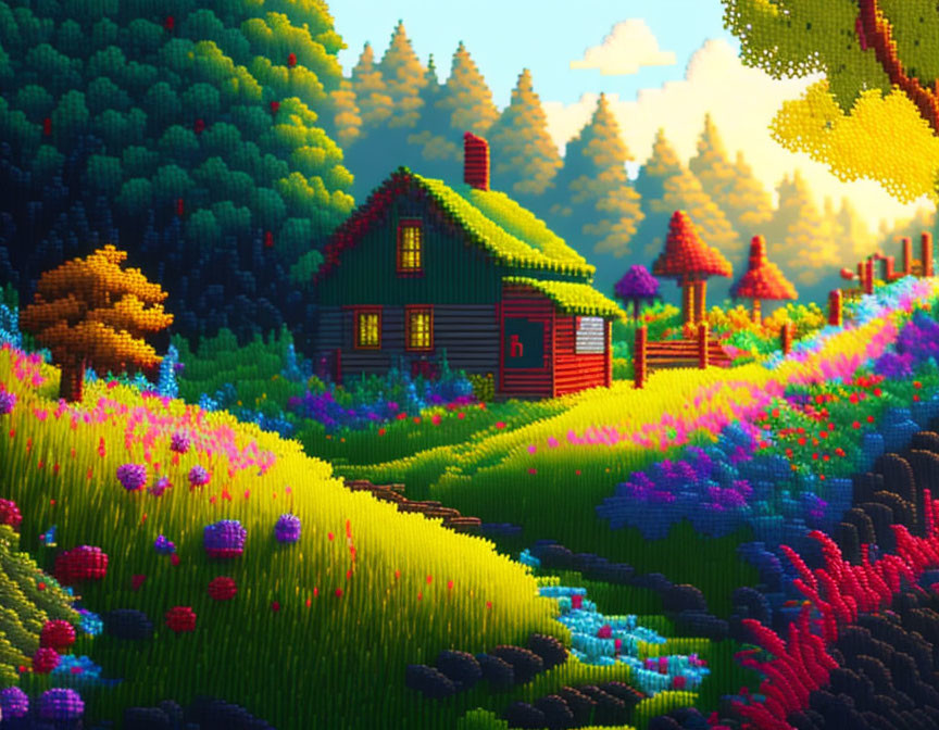 Colorful Pixel Art Scene: Green House in Forest with Flowers