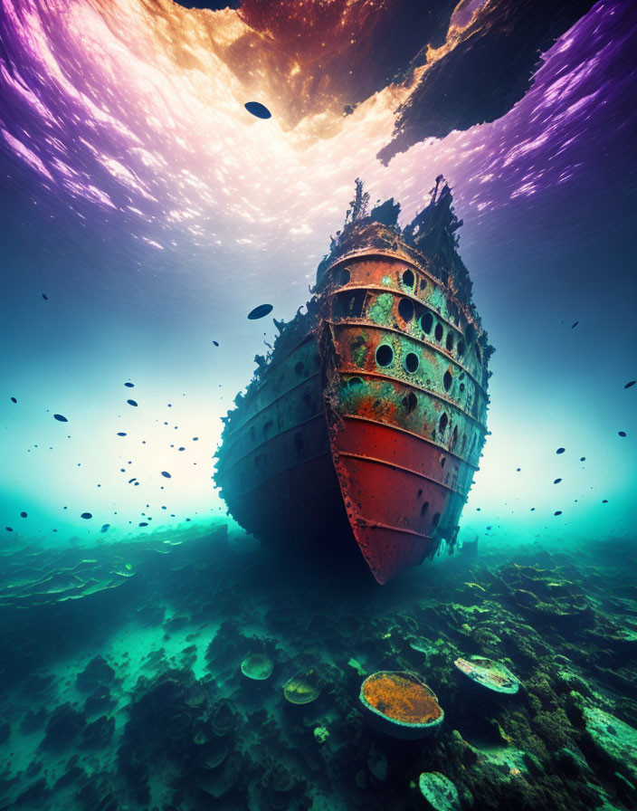 Sunken shipwreck scene with fish and underwater light.