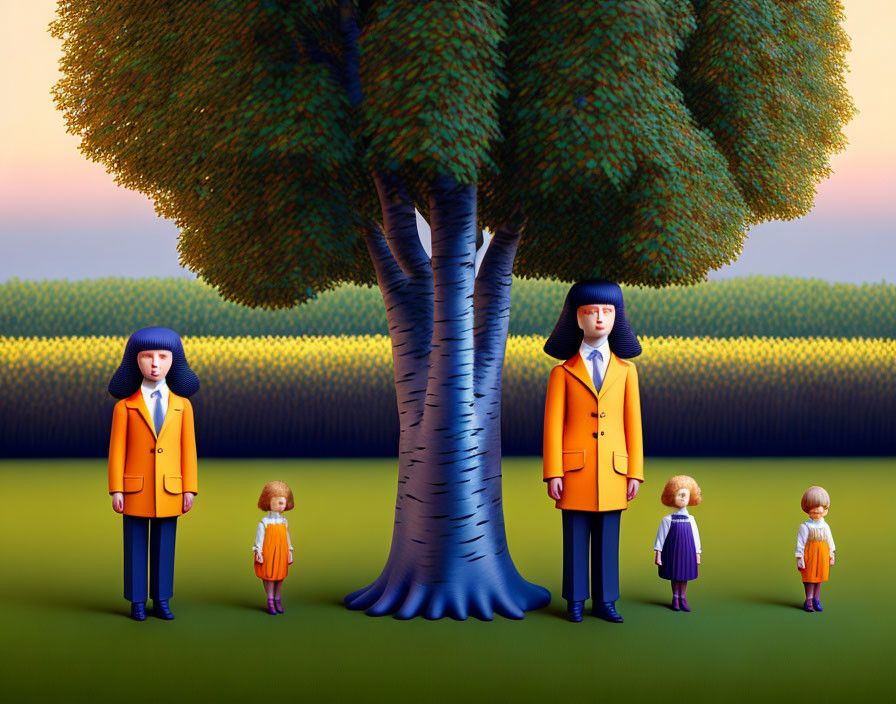 Three adults and three children with oversized blue hats near a tree at sunset.