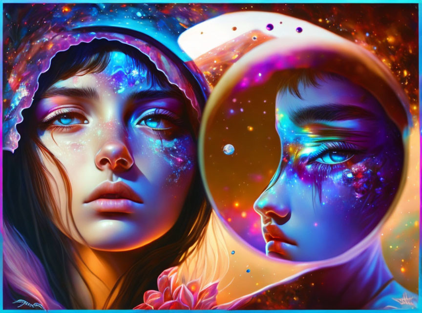 Digital artwork of girl with cosmic theme: half normal, half stylized with stars and nebulae