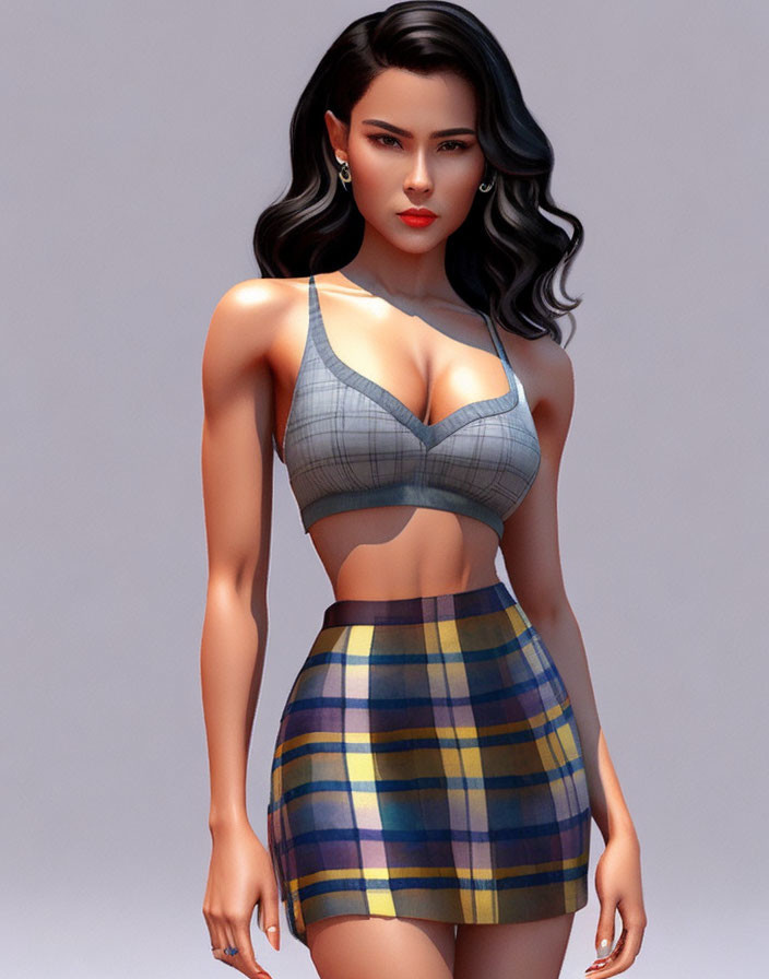 3D illustration of woman with wavy hairstyle in grey crop top and checkered skirt