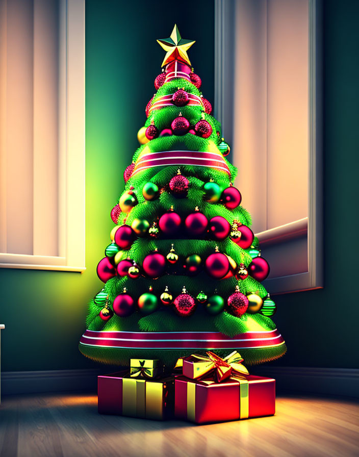 Colorful Christmas tree with golden star and gifts in dimly lit room