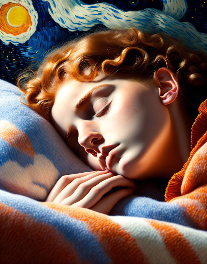 Curly-Haired Person Sleeping with Van Gogh "Starry Night" Background