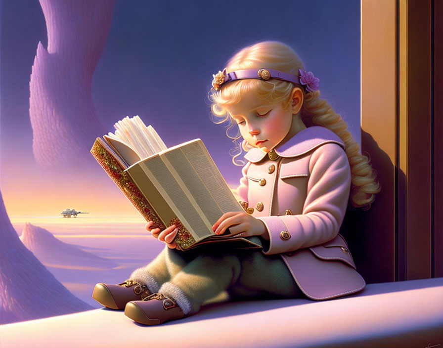 Young girl reading large book by window at dusk with flying ship in soft purple sky