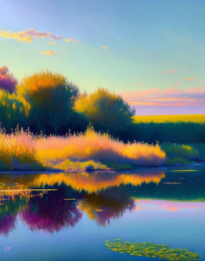 Tranquil landscape with vibrant bushes, reflecting water, and pastel sunset sky