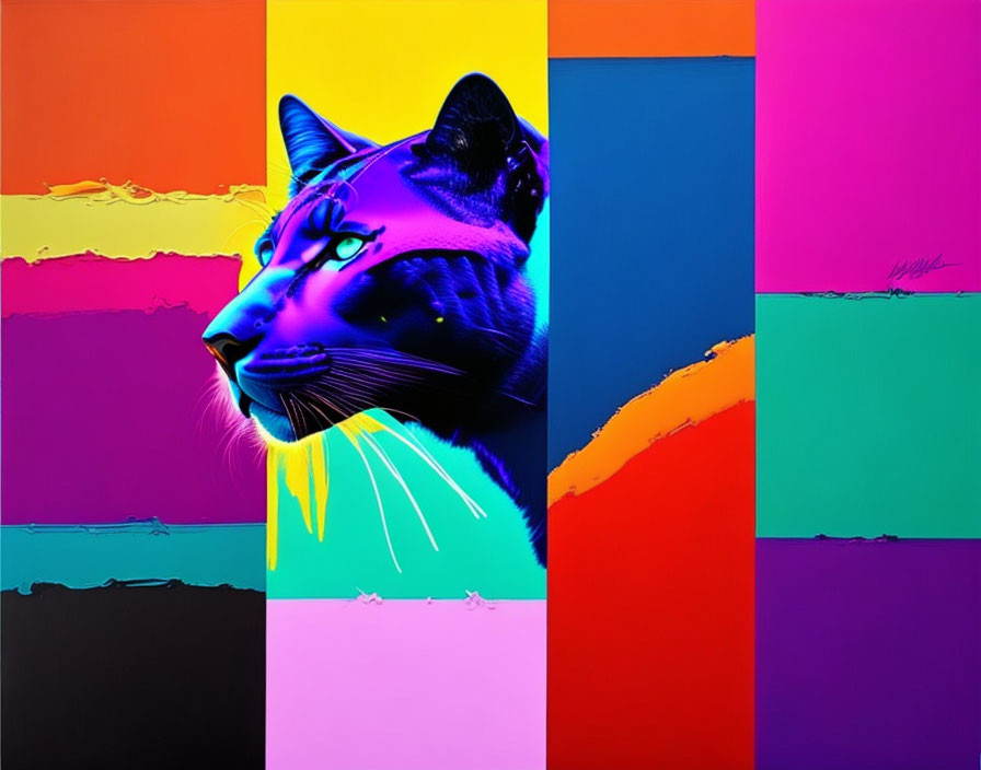 Colorful Pop Art Style Cat Face on Rainbow Striped Background