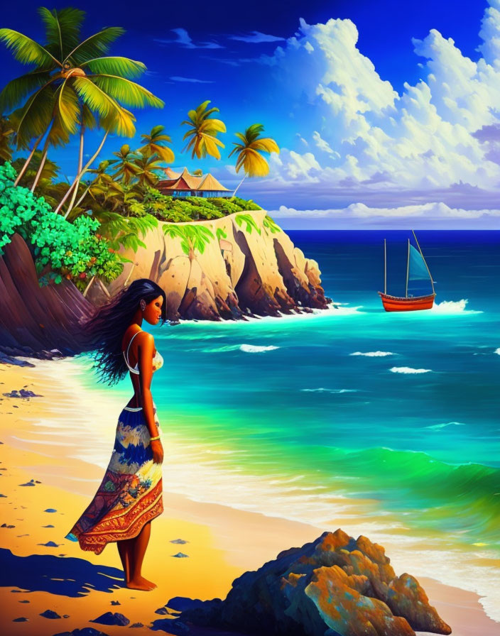 Tropical beach scene with woman in sarong, boat, huts, and clear waters