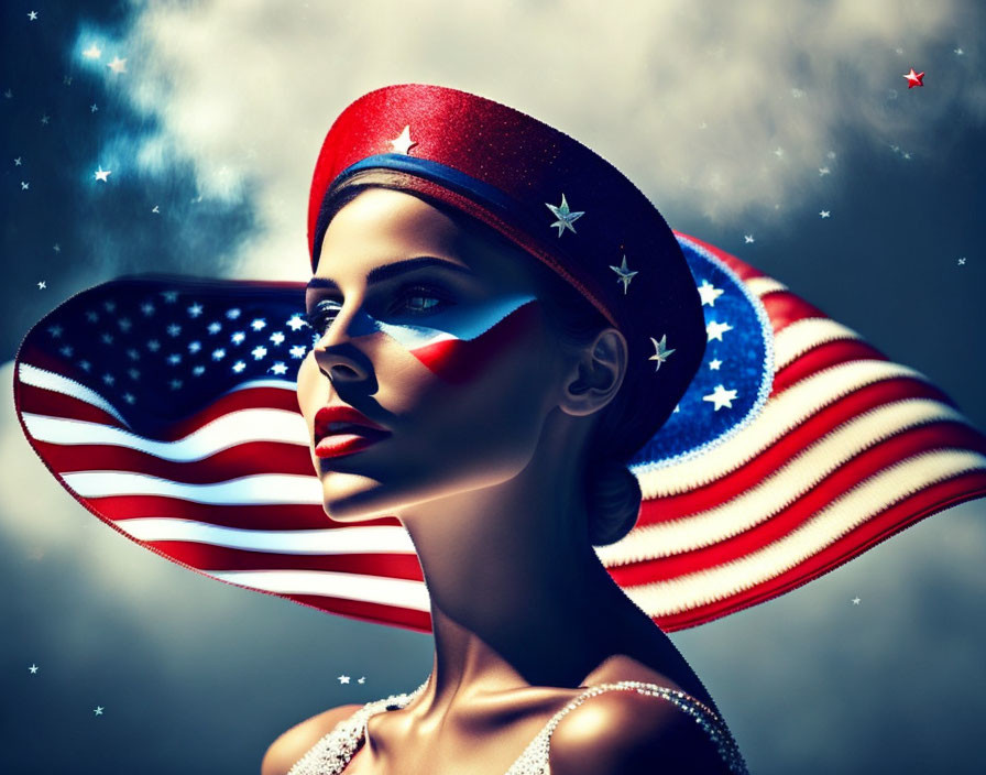 Stylized portrait of a woman with American flag-themed makeup and cloth on starry backdrop