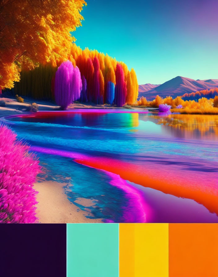 Digitally Altered Landscape with Multicolored Trees and Blue Sky