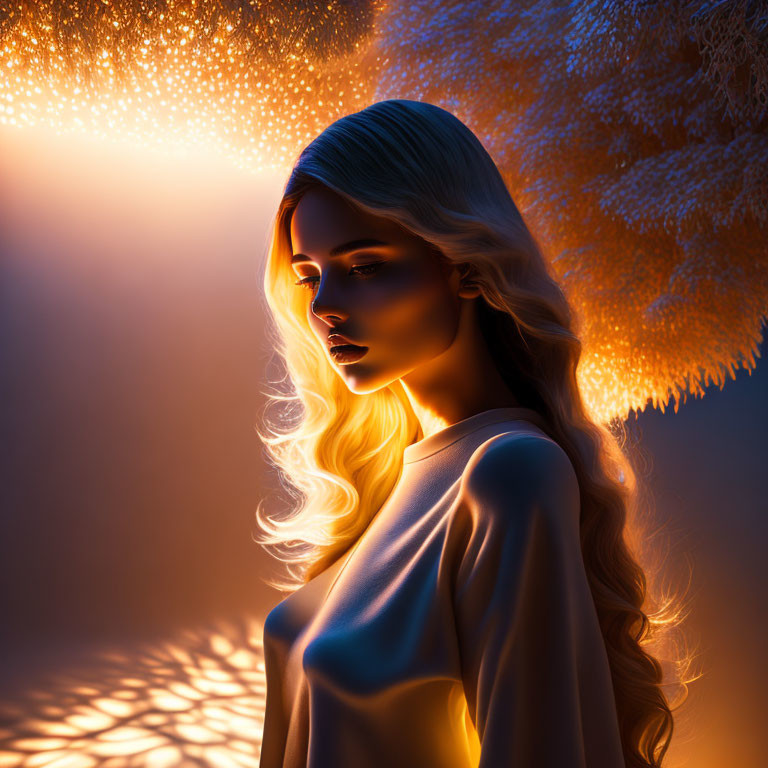 Golden-haired woman in contemplation under warm ambient light among ethereal trees