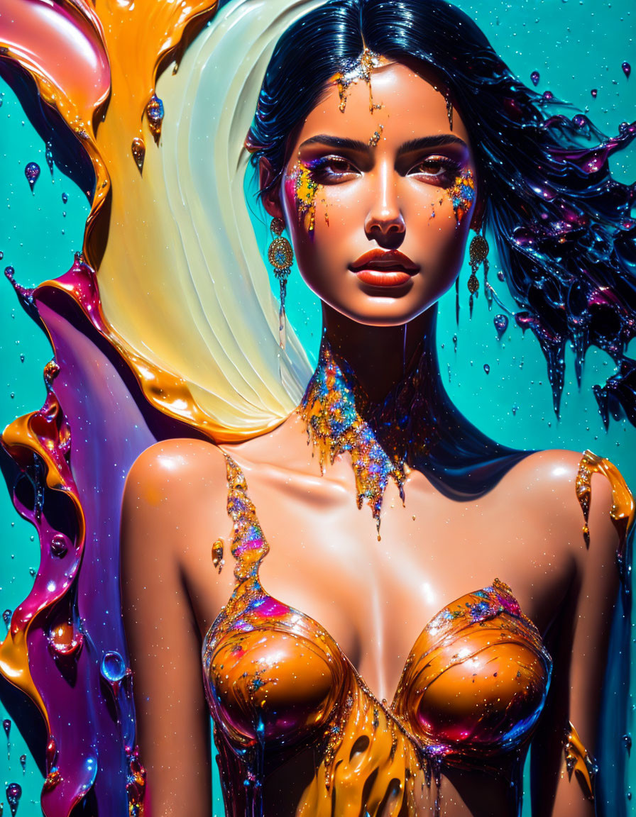 Vibrant makeup portrait with gold, purple, and blue liquid splashes