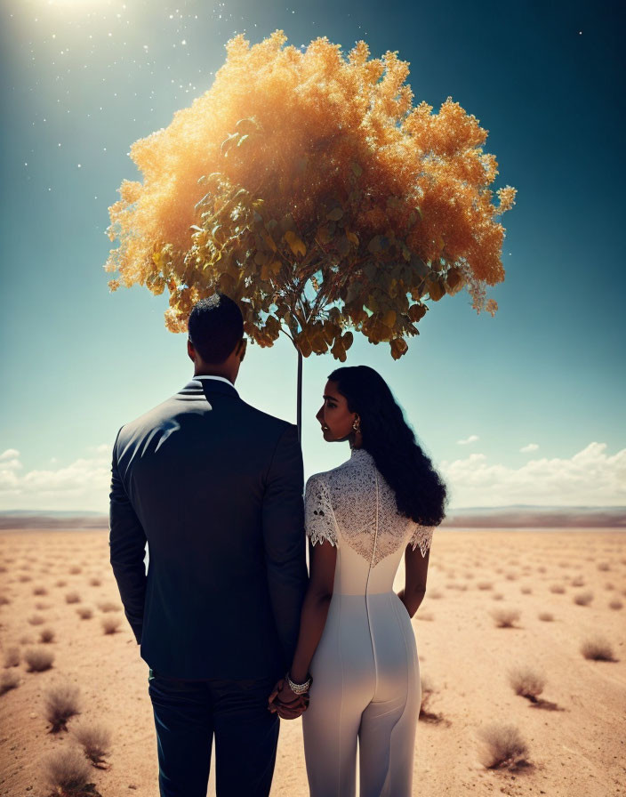 Couple holding hands under glowing tree in desert landscape