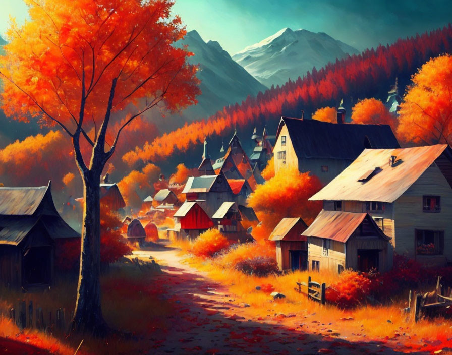 Scenic village with rustic houses in autumn mountains