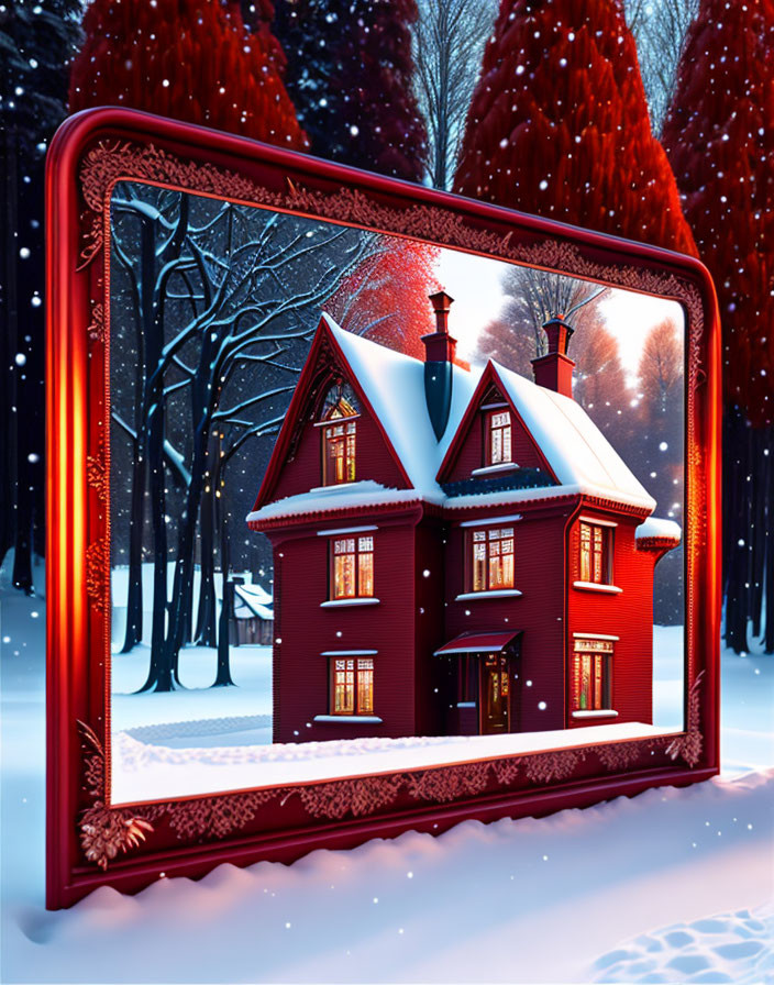 Victorian-style red house in snowy forest twilight scene