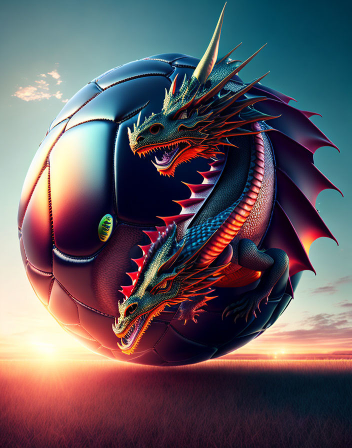 Fantastical image: Two dragons on black soccer ball in sunset sky