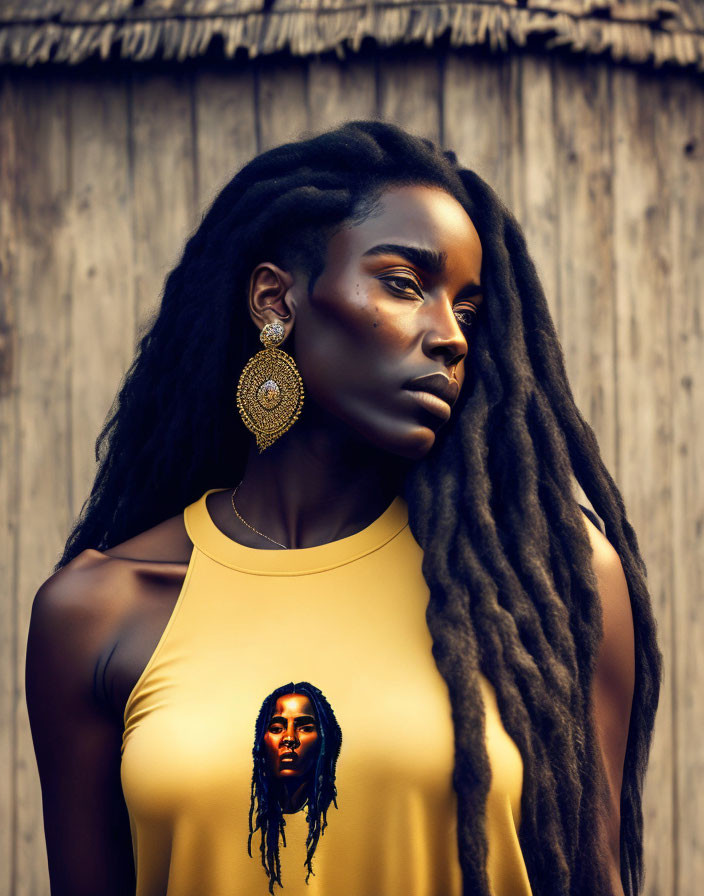 Woman with long dreadlocks in yellow top and large earrings against wooden background