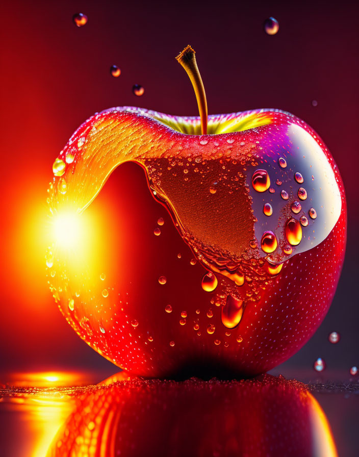 Fresh Red Apple with Water Droplets on Reflective Background