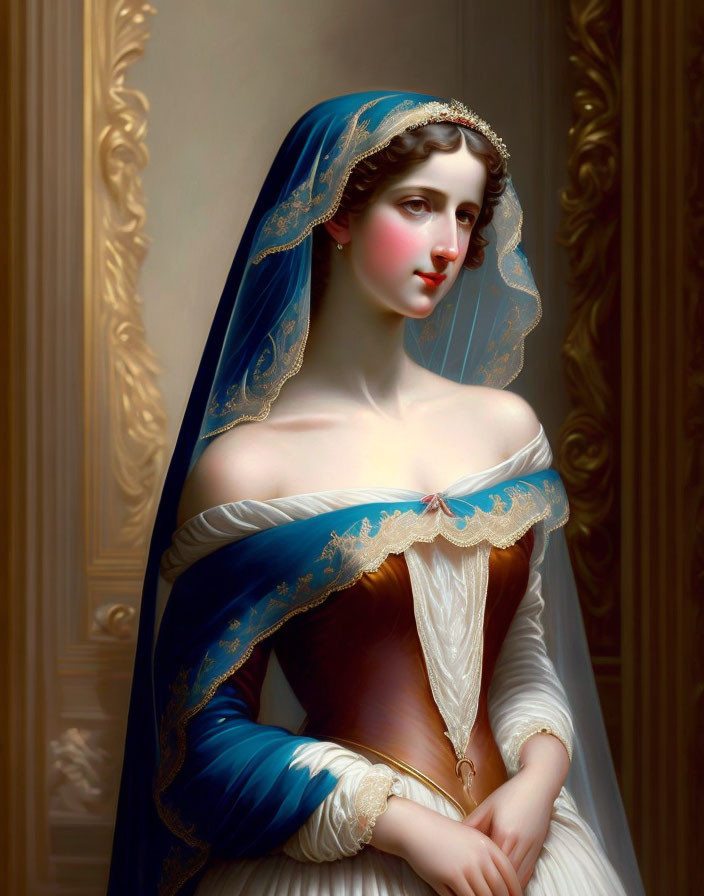 Historical woman painting in blue shawl and gold trim beside ornate wall