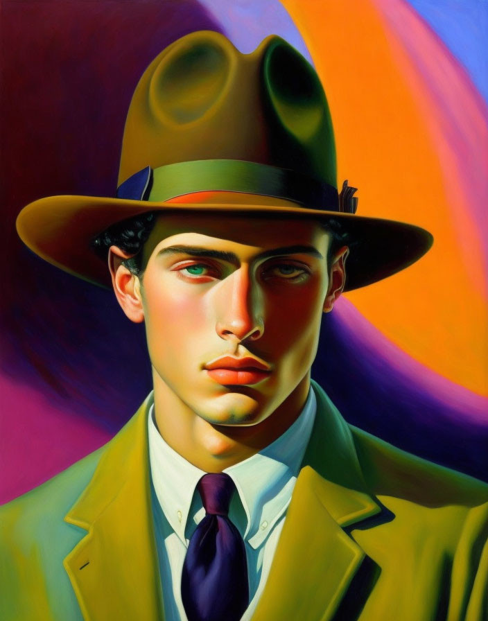 Stylized portrait of man in fedora hat and suit against vibrant multicolored background