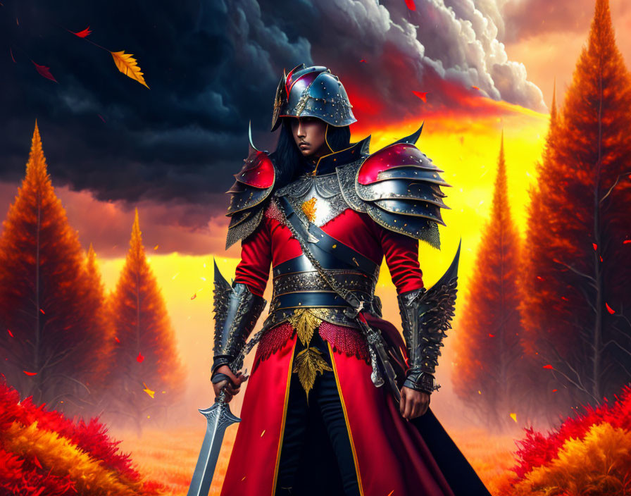 Knight in Red and Silver Armor with Sword in Fiery Tree Landscape