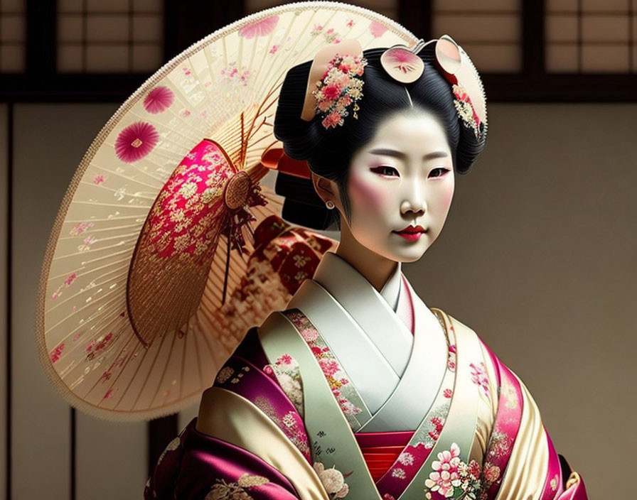 Traditional Japanese Geisha in Floral Kanzashi & Fan-Patterned Parasol