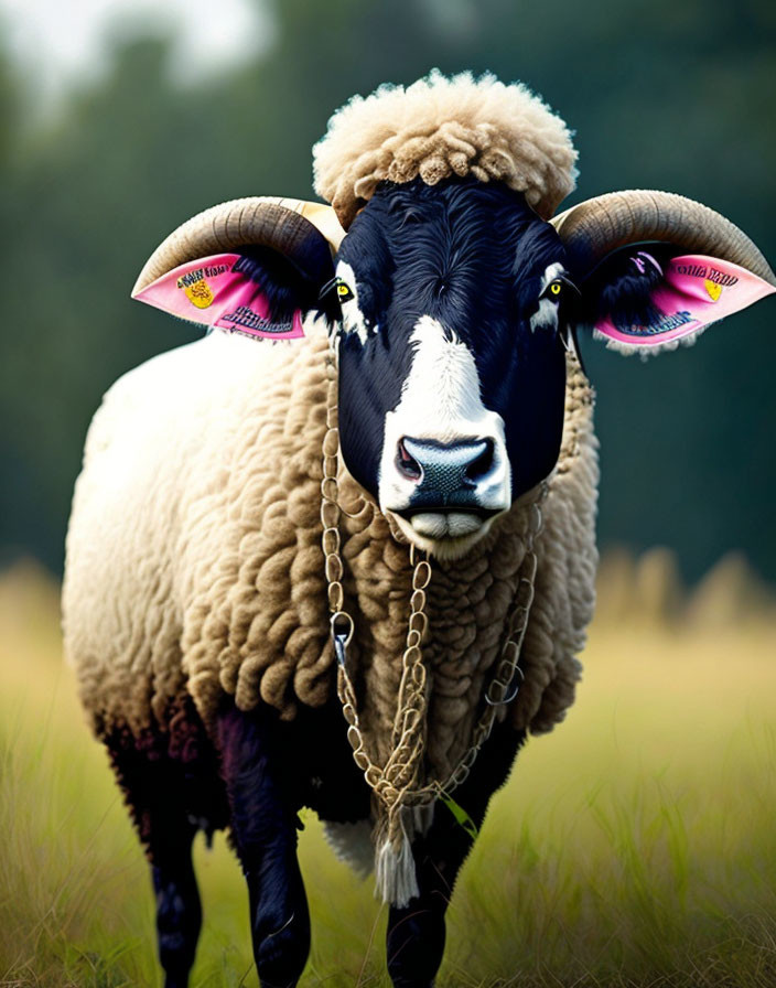 Black-faced sheep with curled horns and chain in grassy field